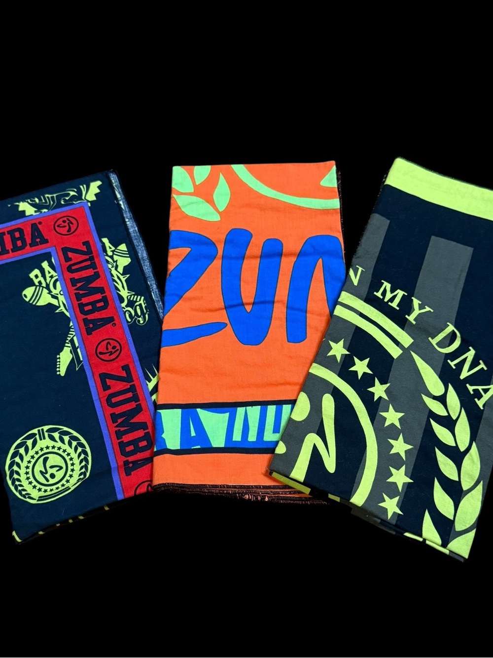 Zumba Fitness Hype Bandanas Accessories Set of 3 Neon Green & Orange Blue Black